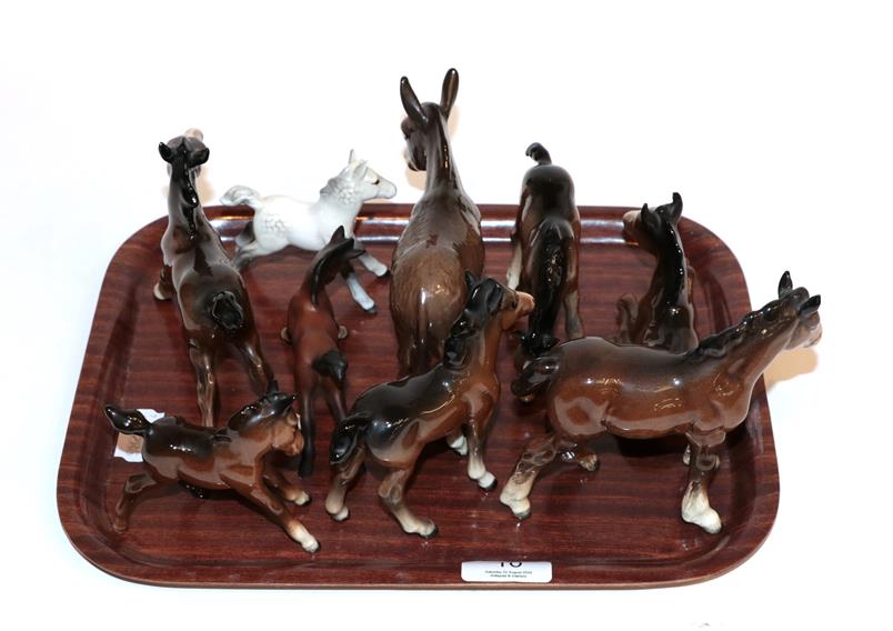 Beswick horses including Shire Mare, Pinto Pony, Mare, foals etc (qty)