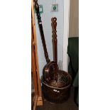 Two bed warming pans, log and coal buckets and a brass lamp