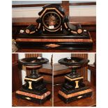 A Victorian black slate and marble clock garniture, Roman chapter ring, eight-day twin tray