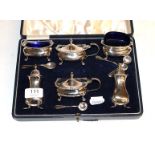 A George VI silver condiment set, by Mappin and Webb, Birmingham, 1939, each piece bombe and on