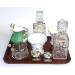 A pair of Royal Crown Derby Cache bow and a pair of decanters etc