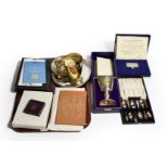 A tray of silver and silver plate, the silver including: an Elizabeth II parcel-gilt silver