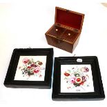 A pair of Victorian floral decorated tile panels and a burr Yew wood tea caddy (3)