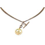 A watch chain, each link stamped '9' and '.375', with attached 9 carat gold T-bar and Masonic