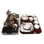 A Shelley Queen Anne part tea service, a set of four nursery prints, a silver plated tray, bread