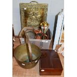 Assorted copper and brass wares including fire screen, lamp, jam pan, kettle, a Victorian rosewood
