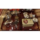 A George III silver cream jug, silver cigarette case, coins, silver plate etc