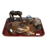 A Richard Fischer bronze fawn, a Spelter group of mare and foal, two studio glass vases and a