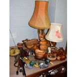 Pine ducks, a root wood lamp and another, a quantity of treen and various ornaments, etc