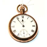 A 9 carat gold Waltham open face pocket watch, Roman enamel dial, subsidiary second dial, stamped