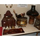 A pair of 18th century brass candlesticks, a Victorian yew wood book trough, a Georgian mahogany