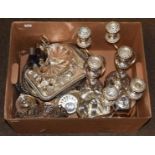 A quantity of silver plated and EPNS ware including a pair of candelabra, entree dishes, twin