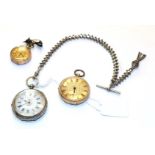 A lady's fob watch with case stamped 9k, lady's fob watch with case stamped 14k, silver lady's fob