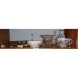 A shelf of assorted China and glass ware and a faux tortoiseshell and silver dressing table set