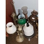 Pair of brass desk oil lamps and glass shades, a wall mounted copper oil lamp and bracket, two other
