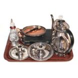 A tray of plated wares, including chamber sticks and a silver and enamel mounted scent bottle etc