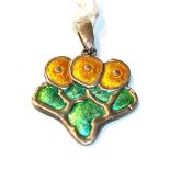 A silver Charles Horner enamel pendant, enamelled in green and yellow, measures 3.1cm by 2.3cm .