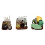 Glass including a Franco Moretti Murono scene bottle, three glass lighters, two Murono dishes, Mdina