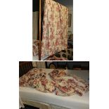 A pair of curtains, and a single curtain, red and cream coloured, decorated with figures, animals
