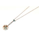 An aquamarine spider pendant on chain, pendant length 3.5cm, chain length 40.5cm . Clasp stamped '