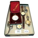A gold plated pocket watch, lady's bi-metal Accurist wristwatch, electric Timex wristwatch, plated