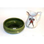A Clarence Pottery green glazed bowl, Stockton-on-Tees stamp to side; together with an Elsmore &