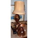 Two copper measures, a hammered bowl, split kettle, a copper samovar urn converted to a lamp and