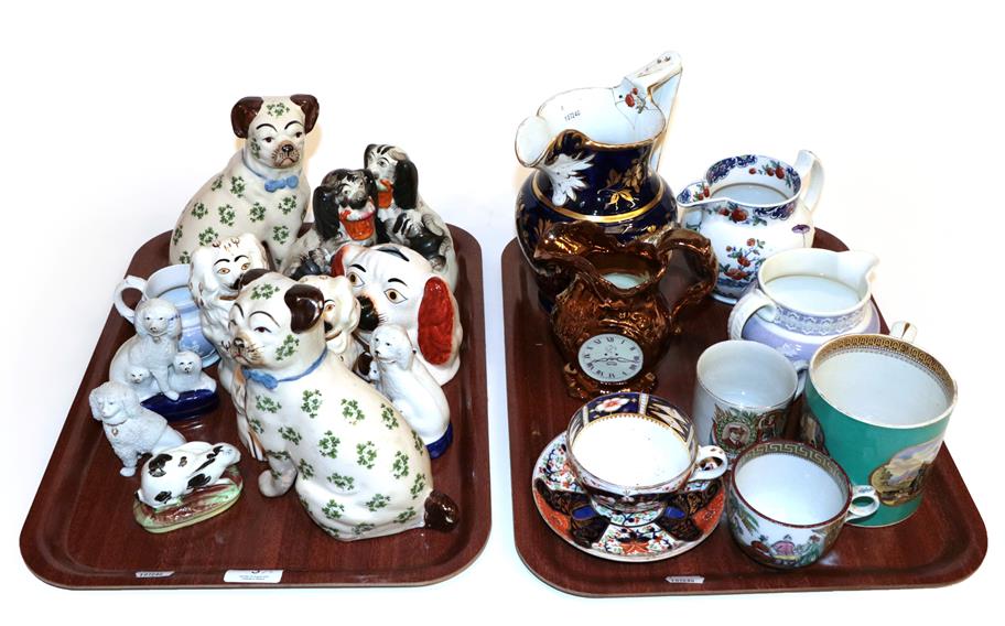 A selection of 19th century ceramics, small Staffordshire rabbit, Staffordshire dogs, copper