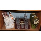Staffordshire figures, pair of pottery vases, glass ware, etc