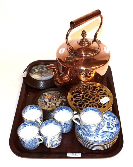 A Spode part coffee set; two Prattware pot lids; a copper kettle and a brass trivet