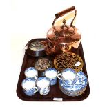 A Spode part coffee set; two Prattware pot lids; a copper kettle and a brass trivet