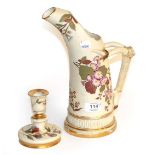 A Royal Worcester blush ivory ewer and candlestick (2)
