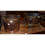 An Arts & Crafts planished copper, brass and wrought iron log basket and a 19th century riveted