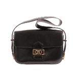 Late 20th Century Celine Paris Black Leather Shoulder Bag with gilt metal mounts, hinged clasp to