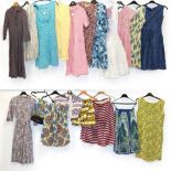 Circa 1950s Printed Cotton Dresses and Skirts, comprising a pink and blue floral printed dress