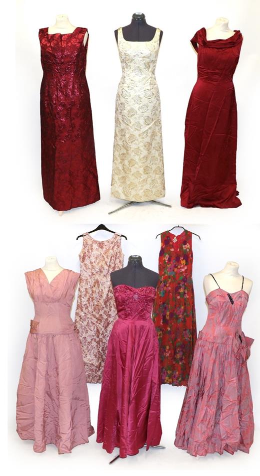 Assorted Circa 1950/60 Evening Dresses, comprising a pale pink silk sleeveless full length dress,