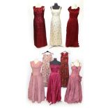 Assorted Circa 1950/60 Evening Dresses, comprising a pale pink silk sleeveless full length dress,