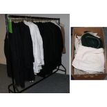 Large quantity of assorted gents evening jackets, morning coats, white dress shirts, collars,