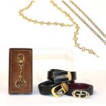 Gucci Gilt Metal Logo Keyring in original card box; Gucci Logo Buckle with navy leather belt;