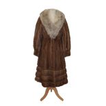 Brown Mink Jacket with Fox Collar and horizontal pelts to the hem . 32'' bust, 45'' shoulder to hem,