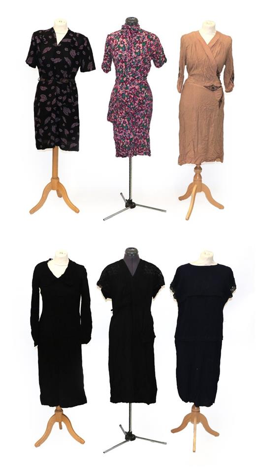 Assorted Circa 1930/40 Dresses, including Linda Leigh Model black crepe short sleeved dress with