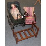 Childs mahogany commode chair, oak dolls bed and a childs carriage built pram, Armand Marseille