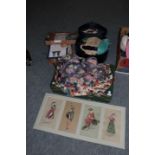 A collection of assorted costume and other items including four mounted original fashion print