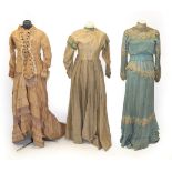 A Victorian Dark Cream Dress, woven with heads of corn in green silk overall, green trim to the