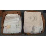 Assorted linens and cottons comprising embroidered bed covers, other bed linen, table linen etc (two