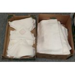 Fourteen white damask and other table cloths, including one woven with 'Irish Linen', varying