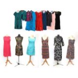 Assorted Circa 1950/60 Evening Wear, comprising Debett sleeveless shift dress with textured blue