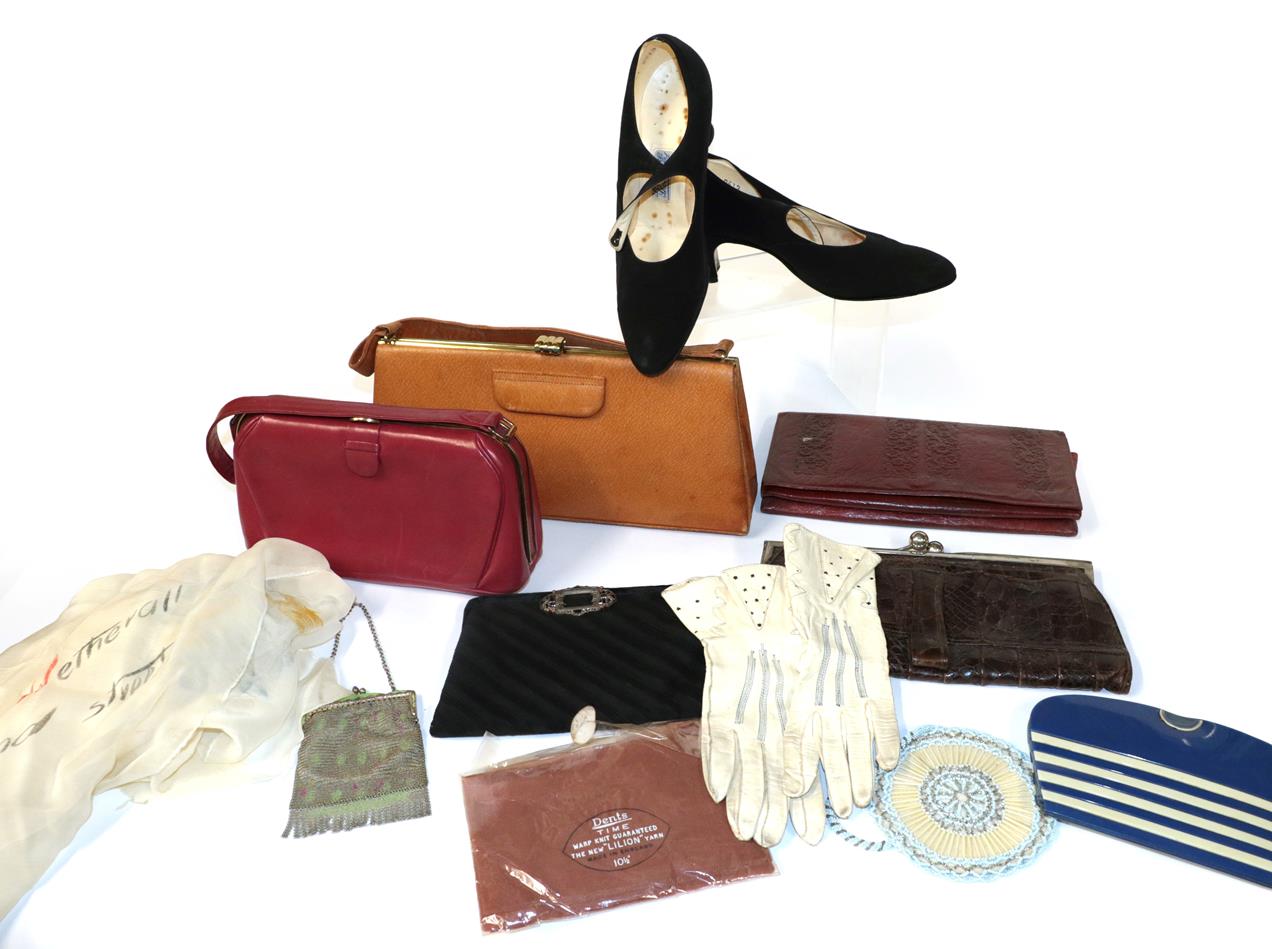 Circa 1920-50's Costume Accessories, including a black pleated silk clutch evening bag with velvet