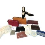 Circa 1920-50's Costume Accessories, including a black pleated silk clutch evening bag with velvet