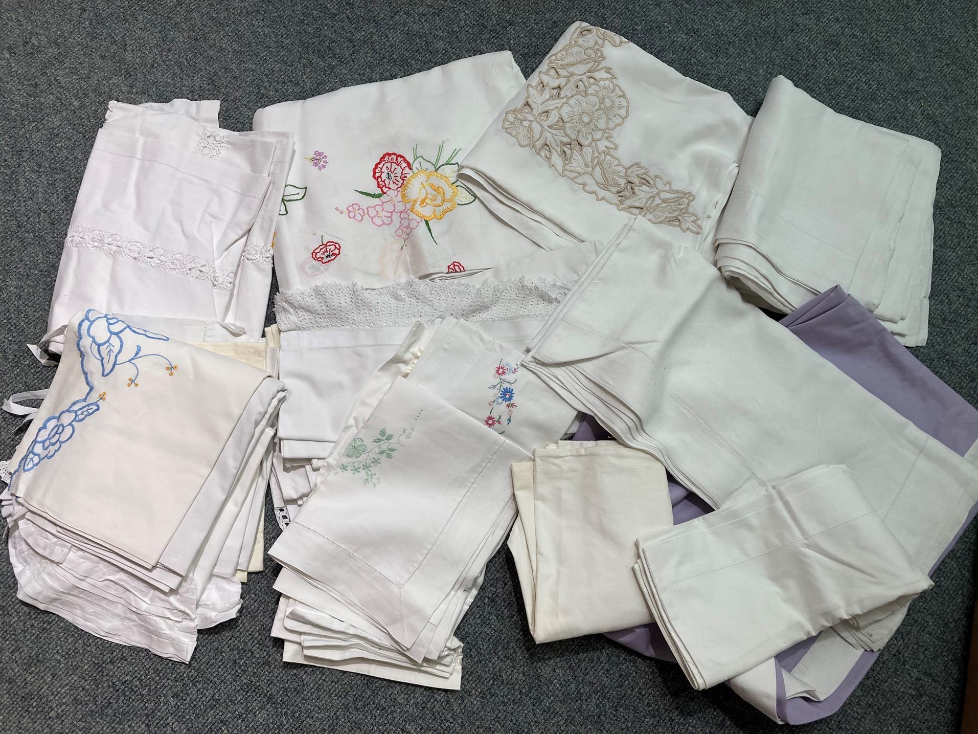 Assorted linens and cottons comprising embroidered bed covers, other bed linen, table linen etc (two - Image 2 of 3
